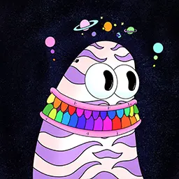 Image of a Dreamkeeper with little planets over its head, purple zebra strips and rainbow colored teeth
